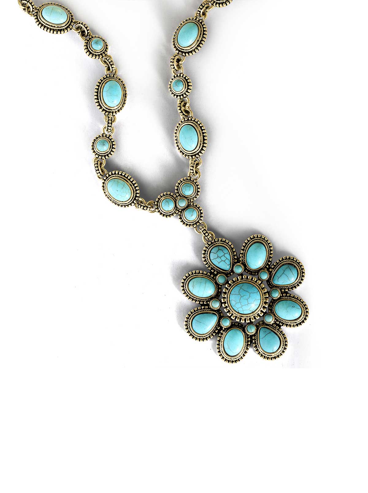 Large Turquoise Stone Flower Necklace in Gold