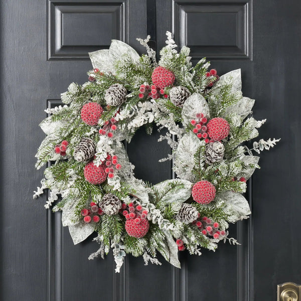Holiday Frost - Snow Covered Magnolia, Eucalyptus, & Berry Pine Cone Winter Holiday Front Door Christmas Wreath