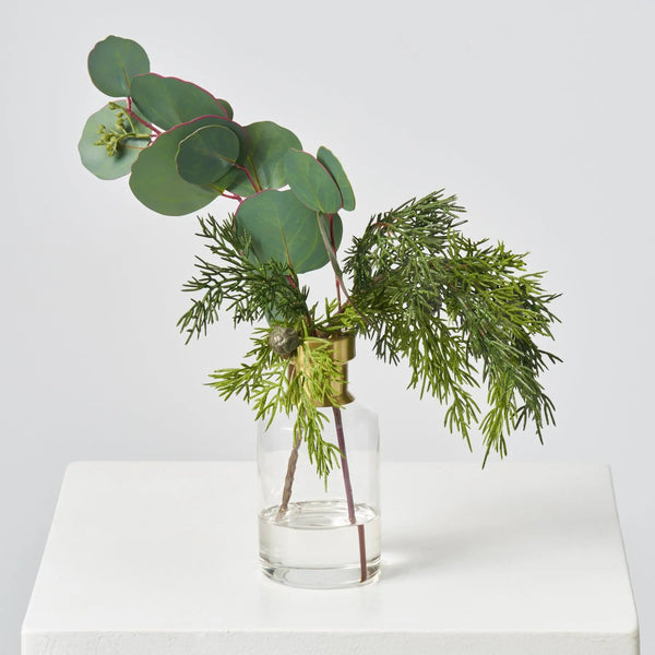 Real Touch Silver Dollar Eucalyptus & Lifelike Cedar in Gold Rim Bottle Vase Winter Water Illusion Arrangement