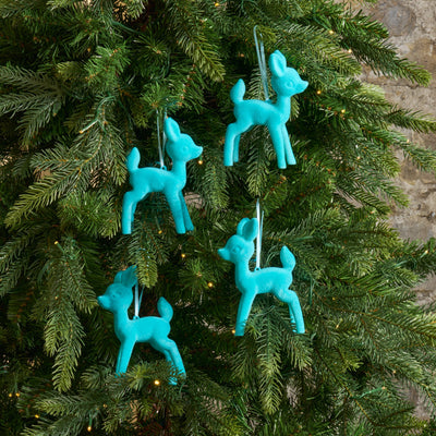 Aqua Blue Velveteen Retro Deer Holiday Christmas Ornaments - Box of 4