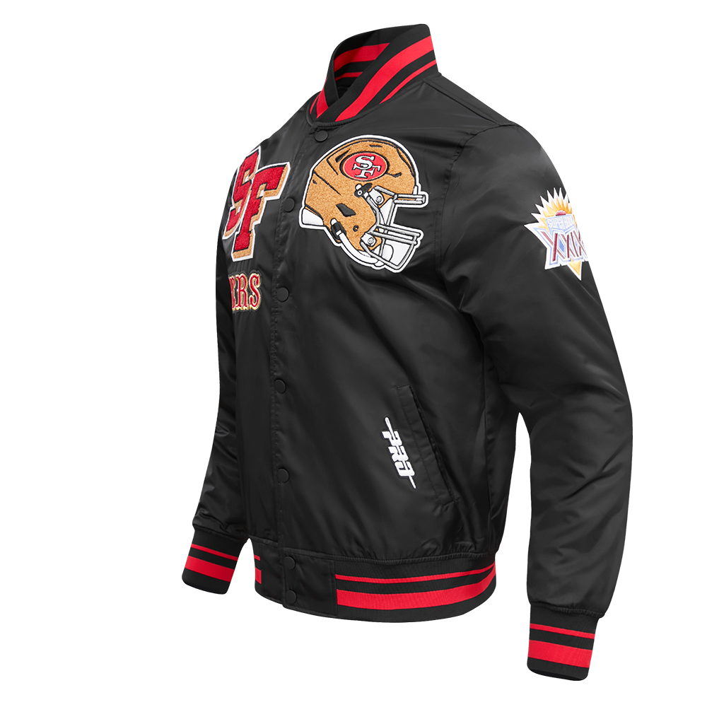 NFL SAN FRANCISCO 49ERS MASHUP MEN'S RIB SATIN JACKET (BLACK/RED/BLACK)