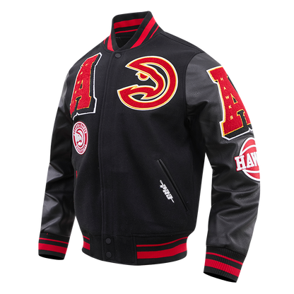 NBA ATLANTA HAWKS MASHUP MEN'S RIB WOOL VARSITY JACKET (BLACK/RED/BLACK)