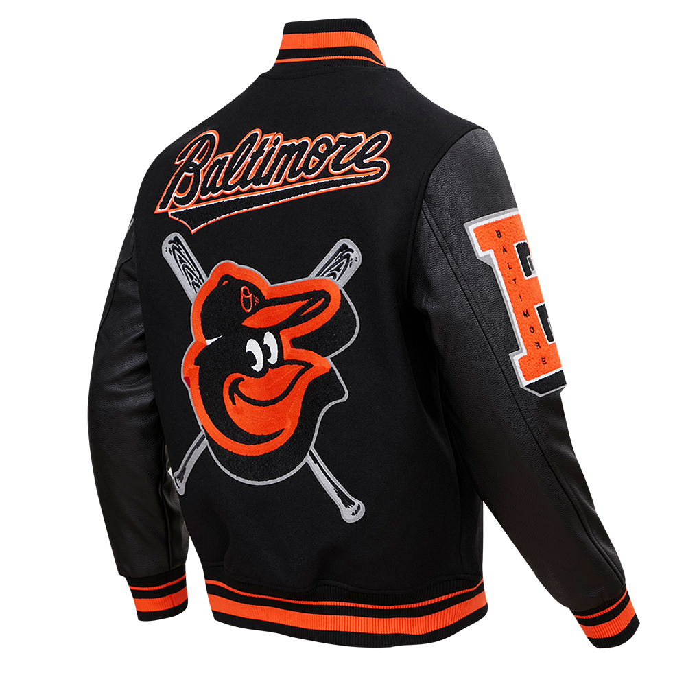 MLB BALTIMORE ORIOLES MASHUP MEN'S RIB WOOL VARSITY JACKET (BLACK/ORANGE)