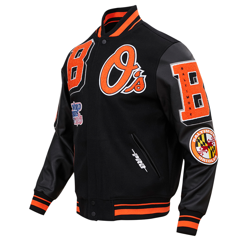 MLB BALTIMORE ORIOLES MASHUP MEN'S RIB WOOL VARSITY JACKET (BLACK/ORANGE)