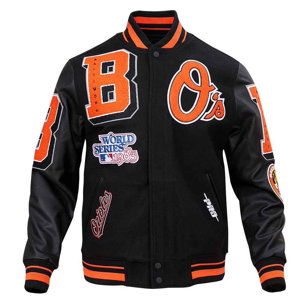 MLB BALTIMORE ORIOLES MASHUP MEN'S RIB WOOL VARSITY JACKET (BLACK/ORANGE)