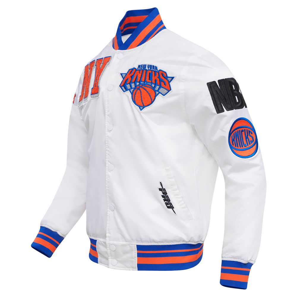 NBA NEW YORK KNICKS MASHUP MEN'S RIB SATIN JACKET (WHITE/ROYAL BLUE/ORANGE)