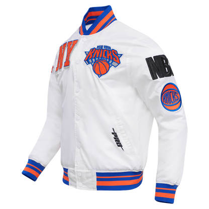 NBA NEW YORK KNICKS MASHUP MEN'S RIB SATIN JACKET (WHITE/ROYAL BLUE/ORANGE)