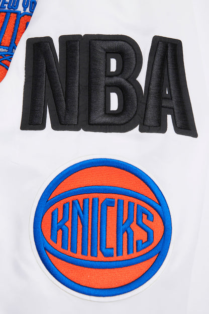 NBA NEW YORK KNICKS MASHUP MEN'S RIB SATIN JACKET (WHITE/ROYAL BLUE/ORANGE)