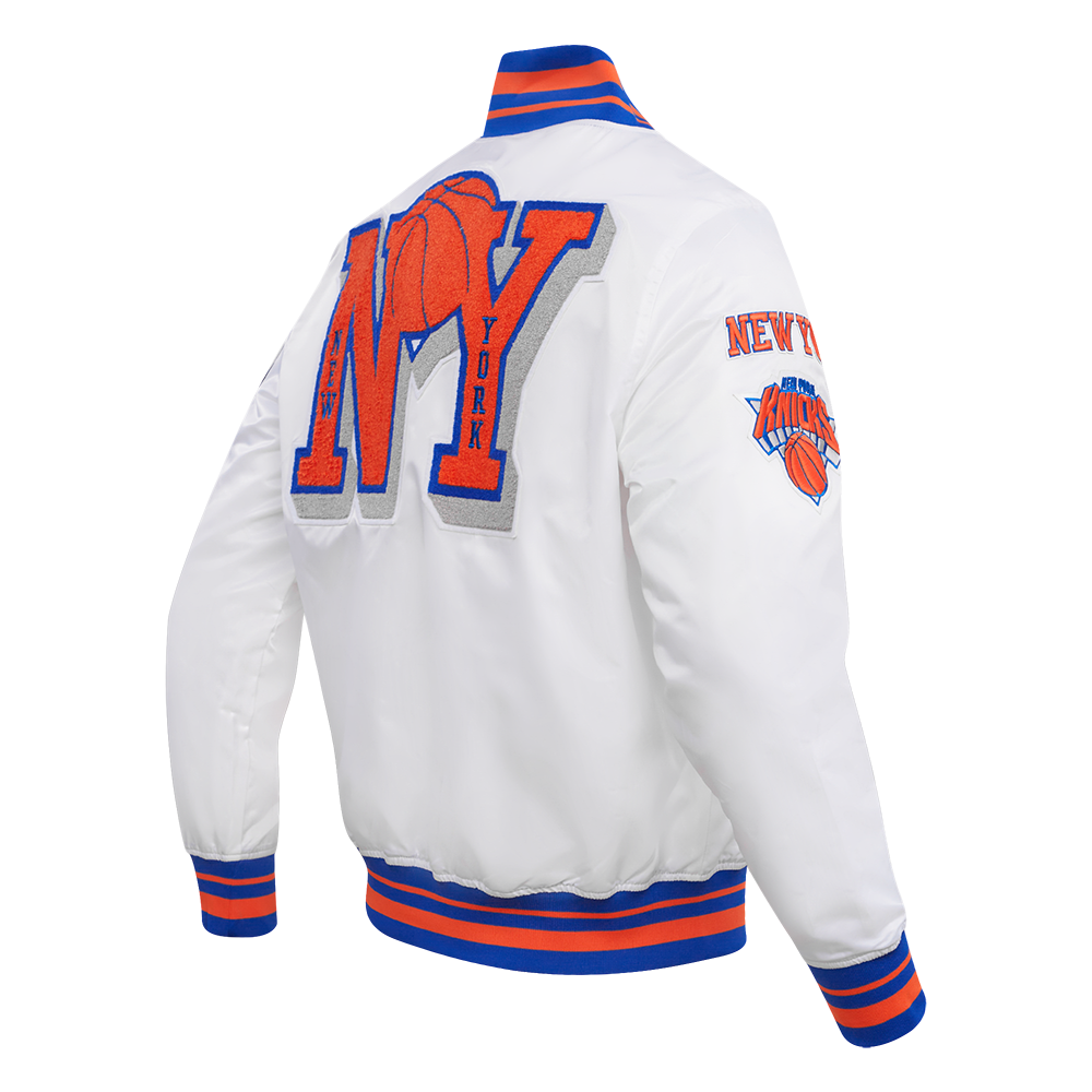 NBA NEW YORK KNICKS MASHUP MEN'S RIB SATIN JACKET (WHITE/ROYAL BLUE/ORANGE)