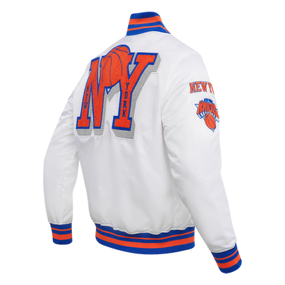 NBA NEW YORK KNICKS MASHUP MEN'S RIB SATIN JACKET (WHITE/ROYAL BLUE/ORANGE)