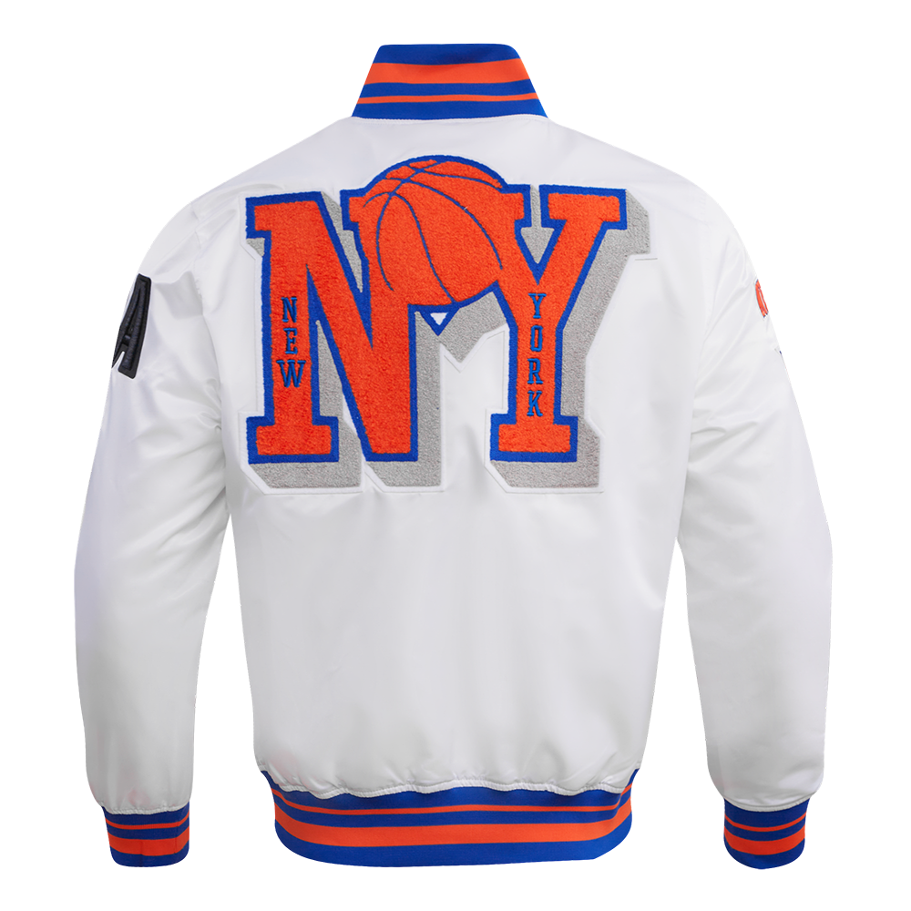 NBA NEW YORK KNICKS MASHUP MEN'S RIB SATIN JACKET (WHITE/ROYAL BLUE/ORANGE)