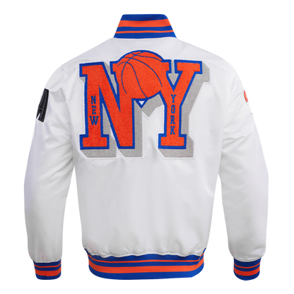 NBA NEW YORK KNICKS MASHUP MEN'S RIB SATIN JACKET (WHITE/ROYAL BLUE/ORANGE)