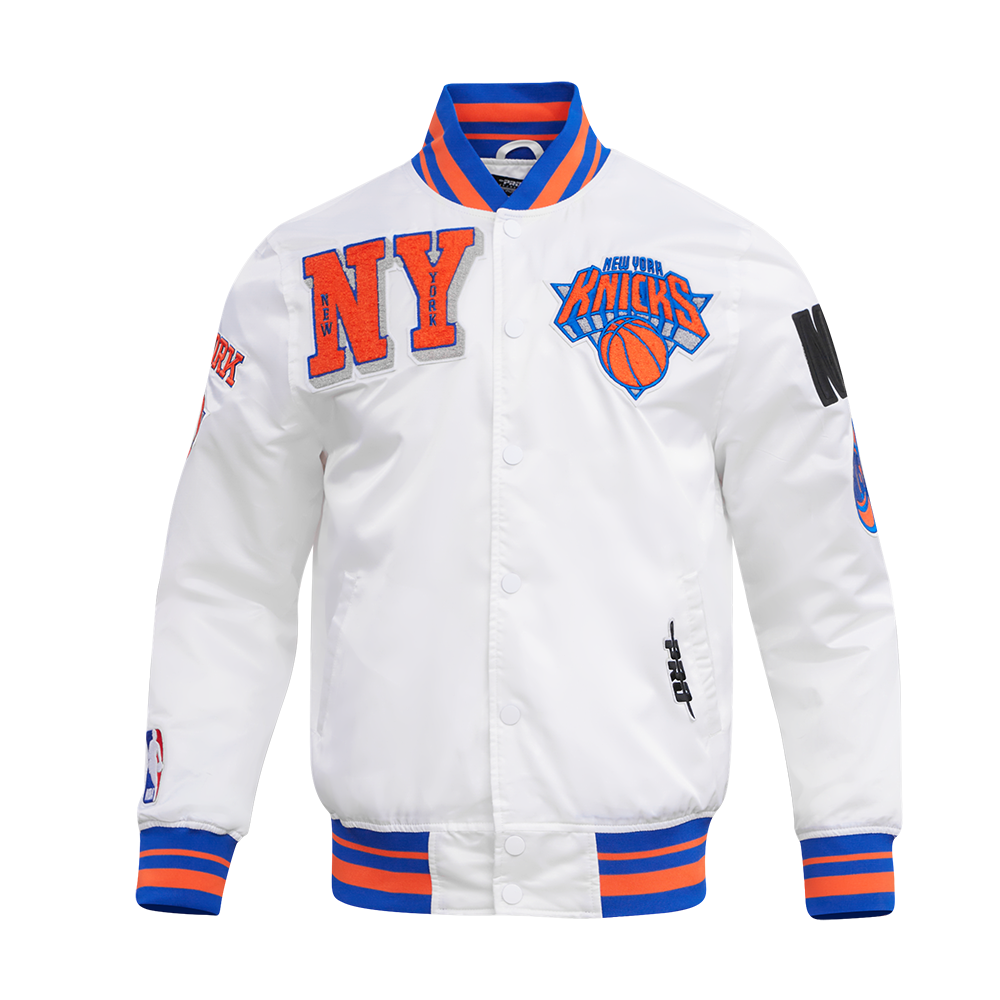 NBA NEW YORK KNICKS MASHUP MEN'S RIB SATIN JACKET (WHITE/ROYAL BLUE/ORANGE)