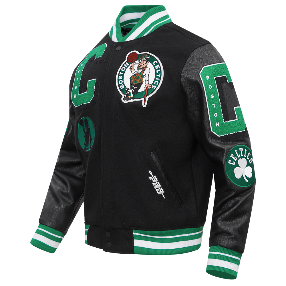 NBA BOSTON CELTICS MASHUP MEN'S RIB WOOL VARSITY JACKET (BLACK/GREEN)