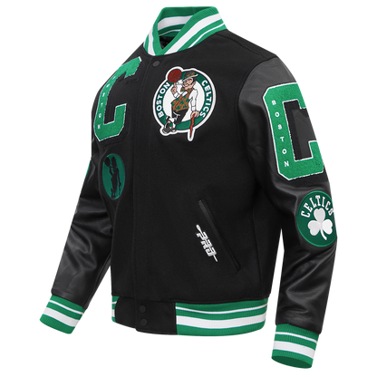 NBA BOSTON CELTICS MASHUP MEN'S RIB WOOL VARSITY JACKET (BLACK/GREEN)