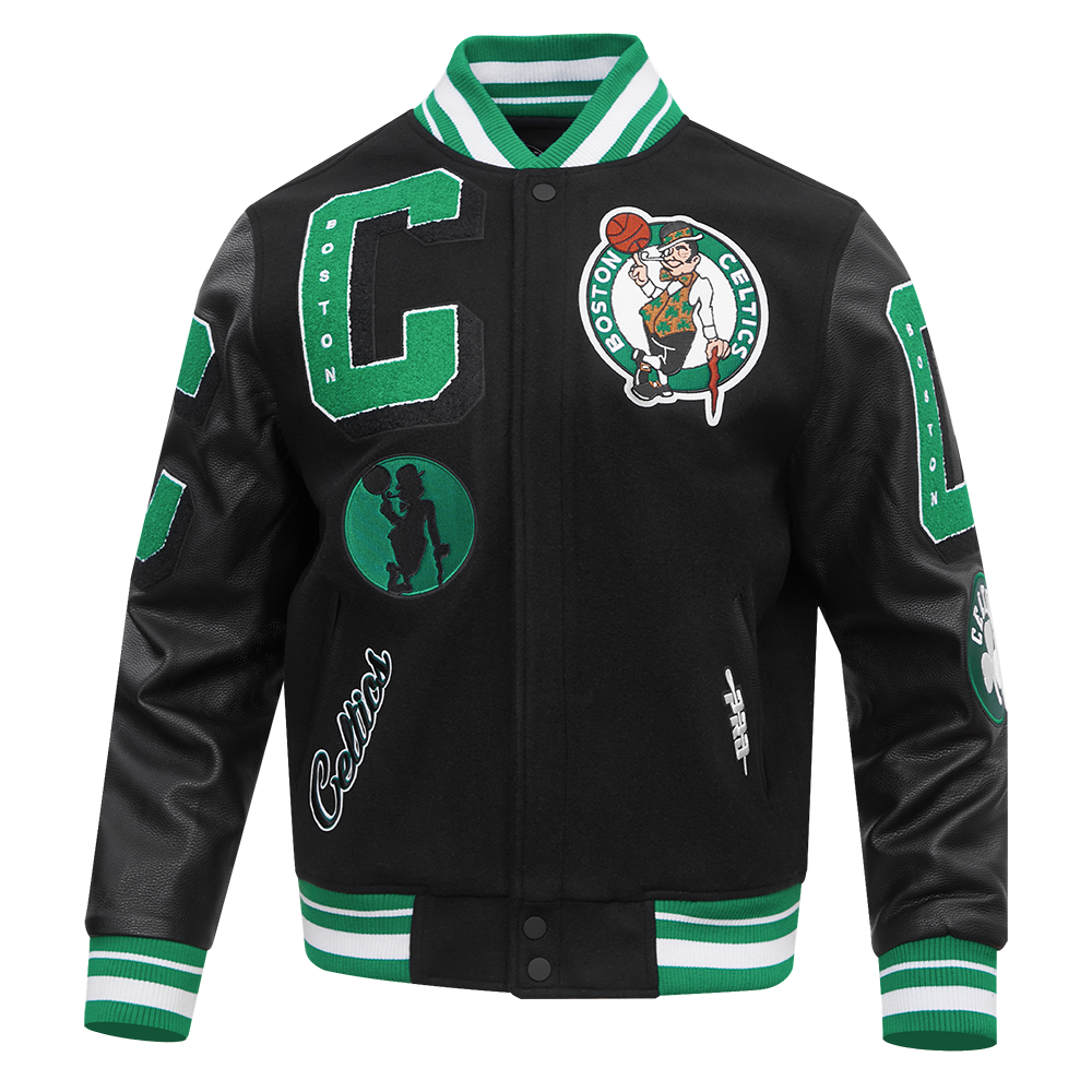 NBA BOSTON CELTICS MASHUP MEN'S RIB WOOL VARSITY JACKET (BLACK/GREEN)