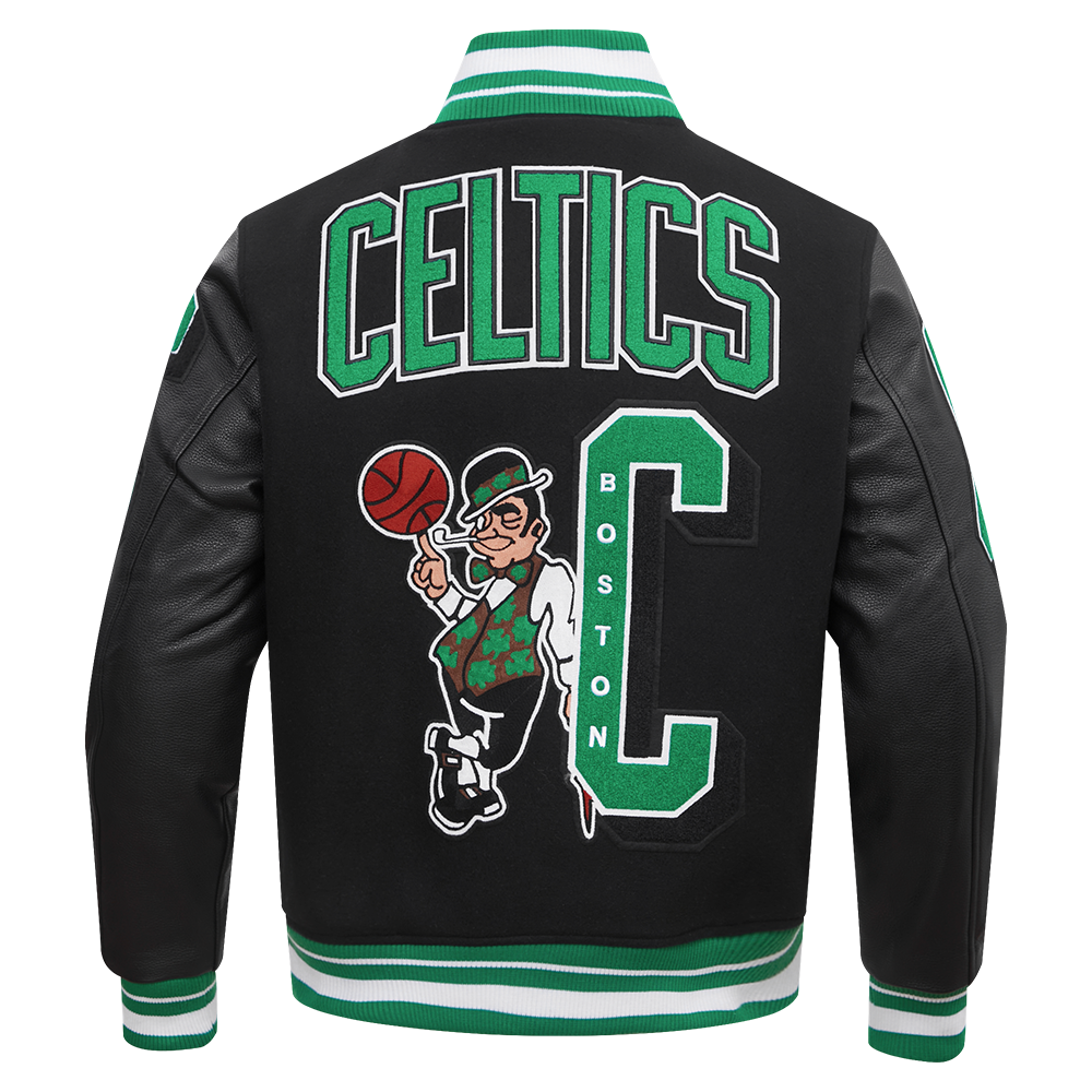 NBA BOSTON CELTICS MASHUP MEN'S RIB WOOL VARSITY JACKET (BLACK/GREEN)