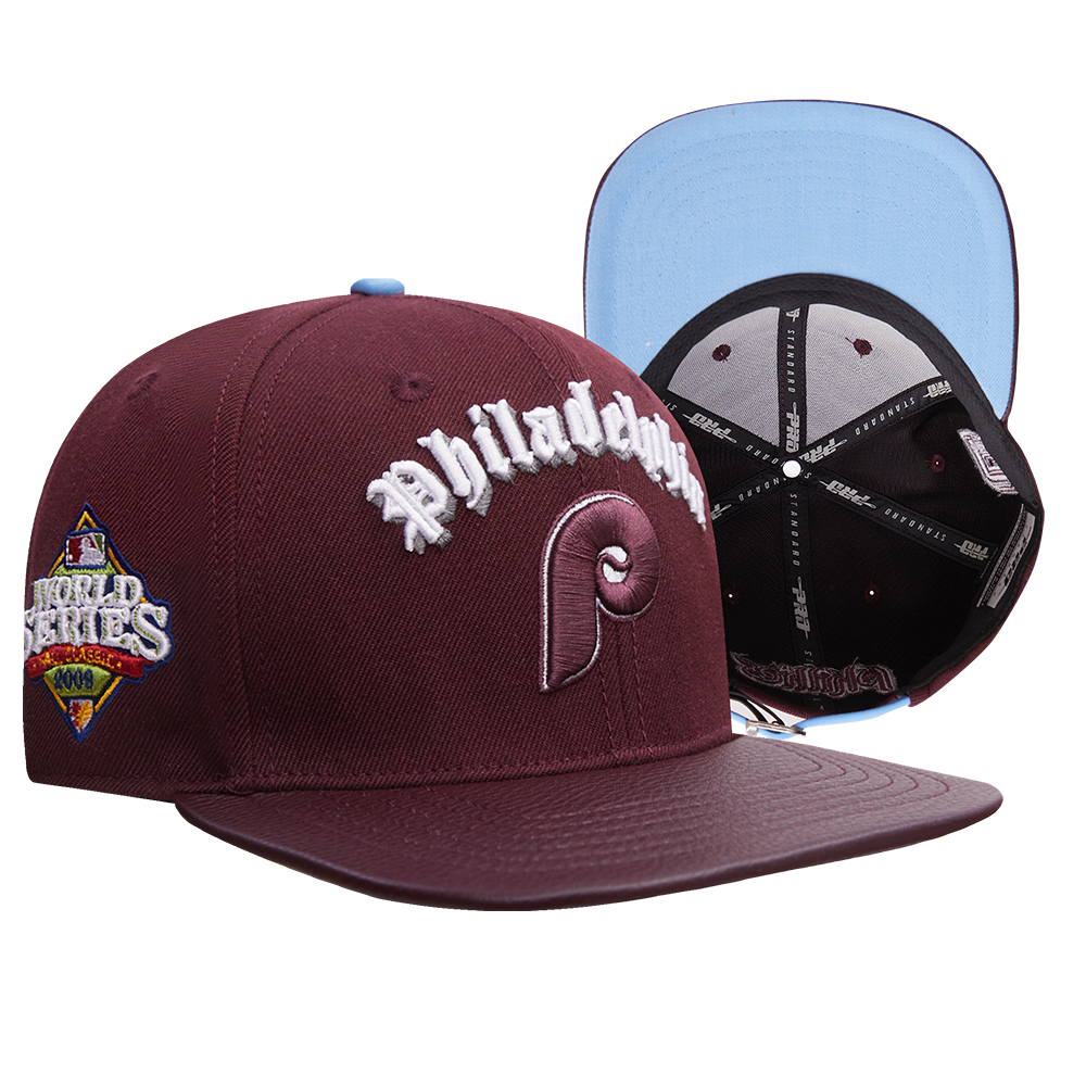 MLB PHILADELPHIA PHILLIES RETRO OLD ENGLISH UNISEX 6 PANEL LEATHER STRA (WINE)