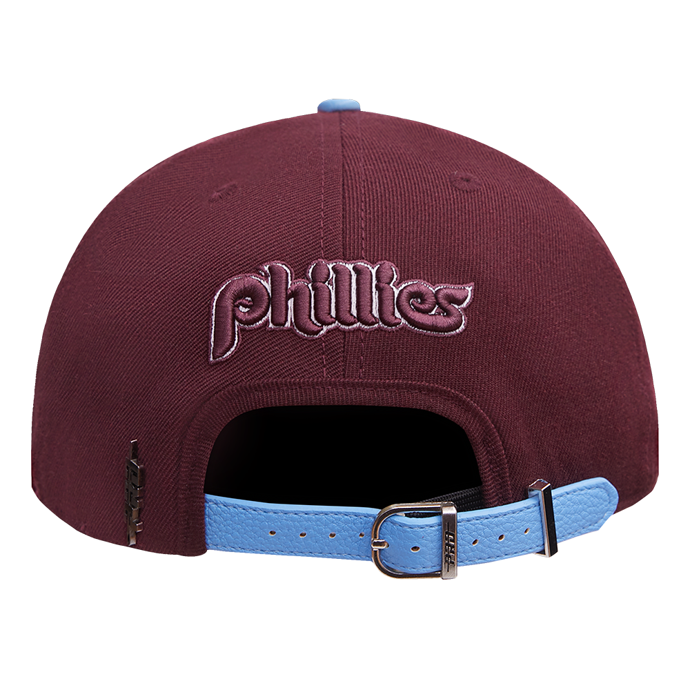 MLB PHILADELPHIA PHILLIES RETRO OLD ENGLISH UNISEX 6 PANEL LEATHER STRA (WINE)