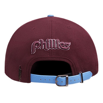 MLB PHILADELPHIA PHILLIES RETRO OLD ENGLISH UNISEX 6 PANEL LEATHER STRA (WINE)