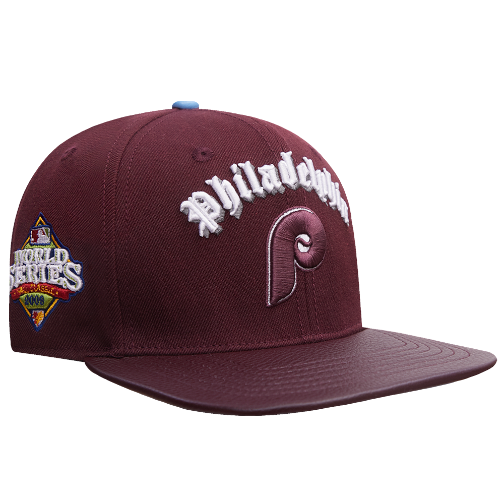 MLB PHILADELPHIA PHILLIES RETRO OLD ENGLISH UNISEX 6 PANEL LEATHER STRA (WINE)