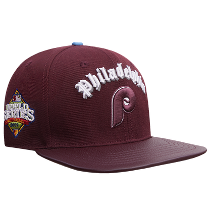 MLB PHILADELPHIA PHILLIES RETRO OLD ENGLISH UNISEX 6 PANEL LEATHER STRA (WINE)