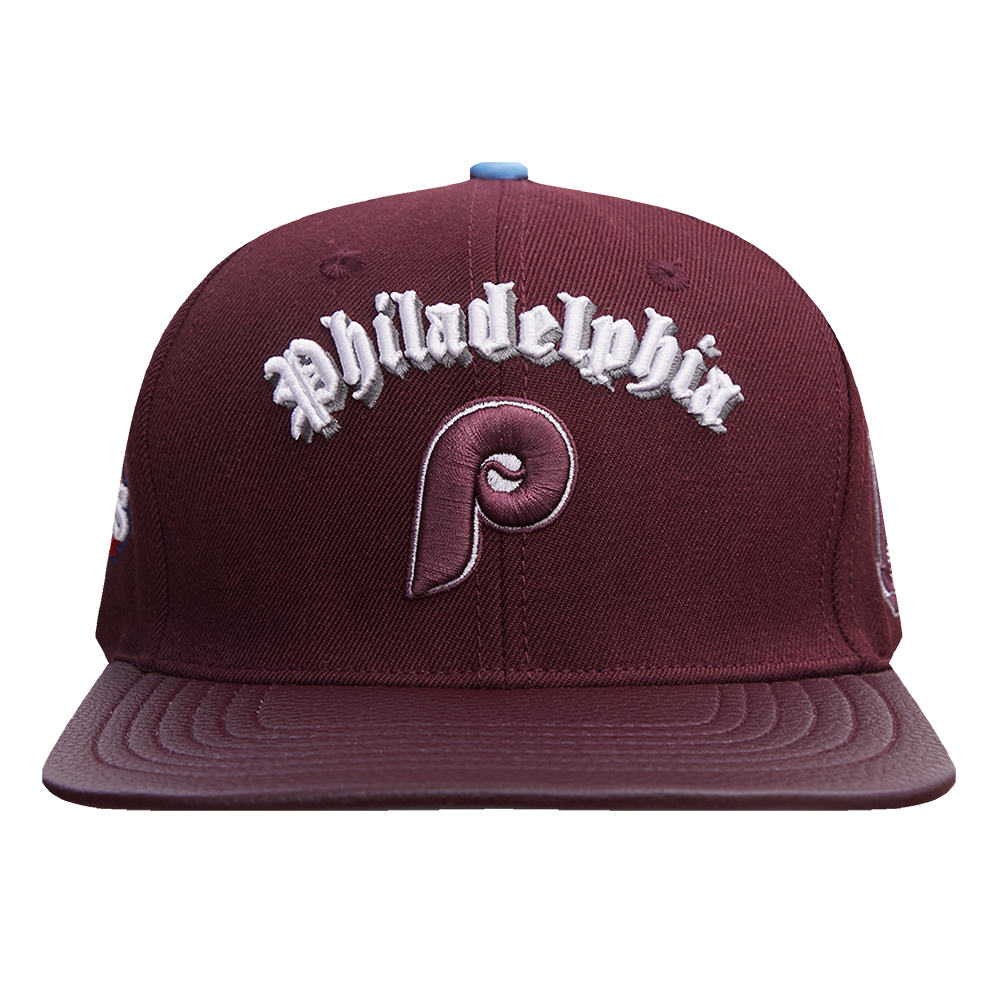 MLB PHILADELPHIA PHILLIES RETRO OLD ENGLISH UNISEX 6 PANEL LEATHER STRA (WINE)