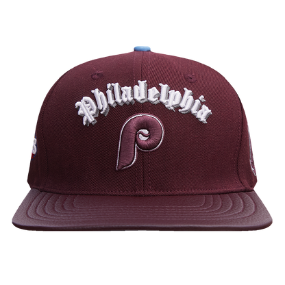 MLB PHILADELPHIA PHILLIES RETRO OLD ENGLISH UNISEX 6 PANEL LEATHER STRA (WINE)