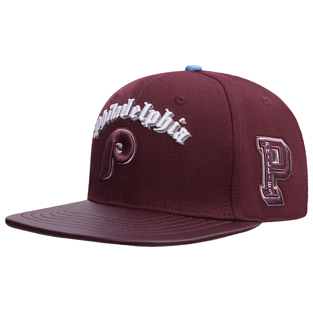 MLB PHILADELPHIA PHILLIES RETRO OLD ENGLISH UNISEX 6 PANEL LEATHER STRA (WINE)