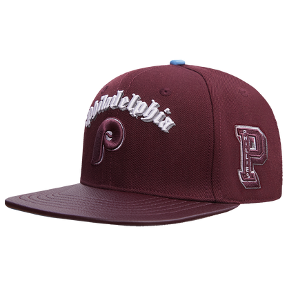 MLB PHILADELPHIA PHILLIES RETRO OLD ENGLISH UNISEX 6 PANEL LEATHER STRA (WINE)