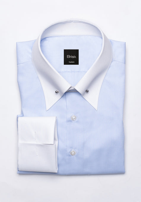 Sky Blue Twill Shirt - Contrast Pin Collar & French Cuffs