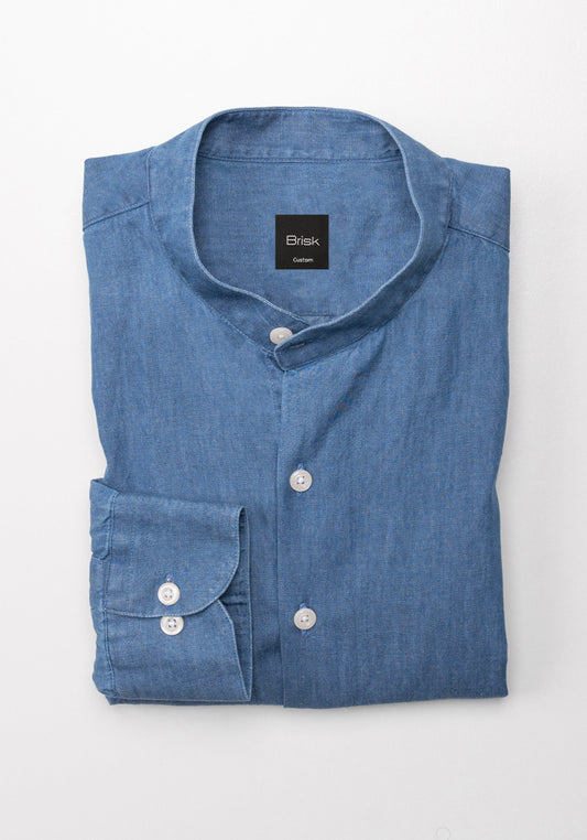 Denim Medium Wash Shirt - Band Collar