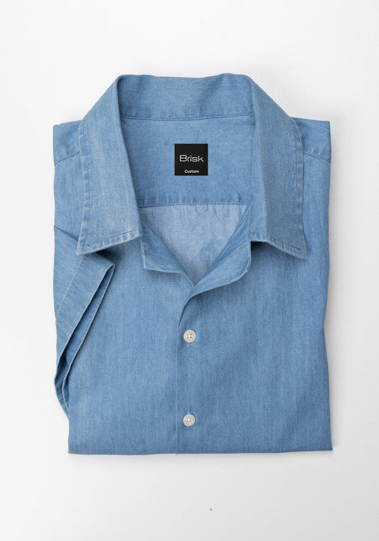 Summer Denim Light Wash Shirt - Half Sleeves Camp Collar