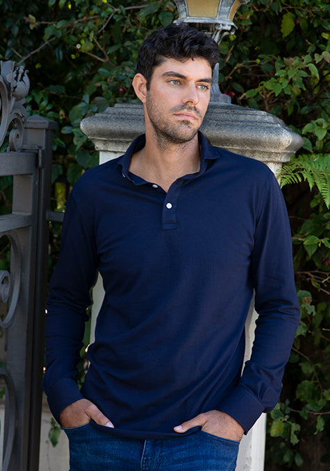 Midnight Blue Feather Soft Piqué Full Sleeve Polo Shirt