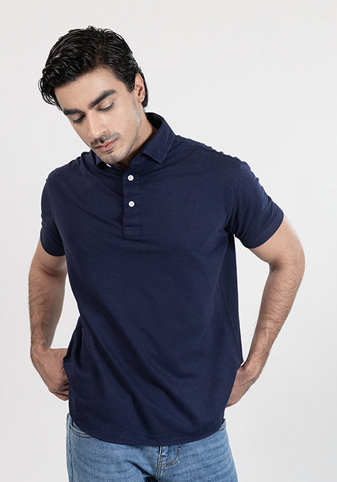 Midnight Blue Feather Soft Piqué Half Sleeve Polo Shirt