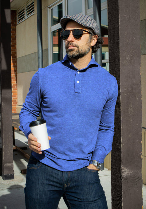 Mid Blue Feather Soft Piqué Full Sleeve Polo Shirt