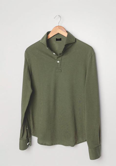 Military Green Feather Soft Piqué Full Sleeve Polo Shirt