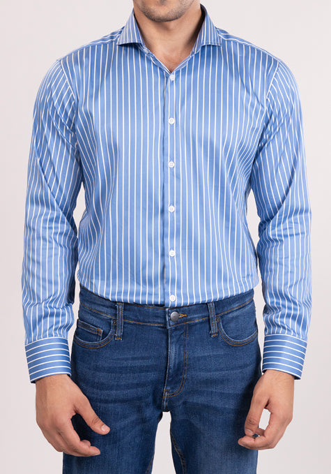 Super Fine Blue Satin Stretch Stripes Shirt