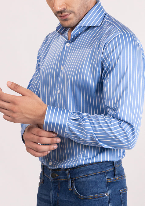 Super Fine Blue Satin Stretch Stripes Shirt