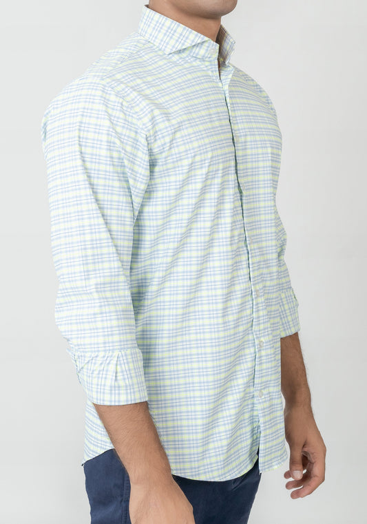 Wrinkle-Free Neon Green & Blue Tartan Performance Stretch Shirt