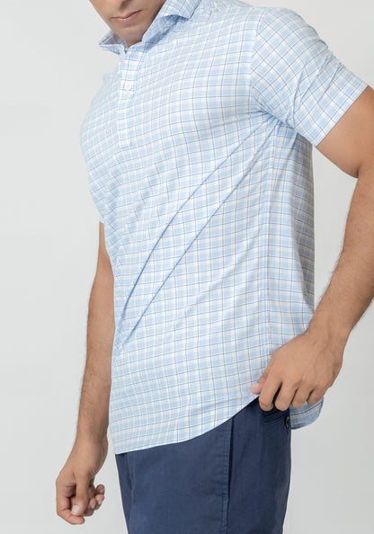 Wrinkle-Free Blue Super-Soft Tartan Performance Stretch Polo Shirt