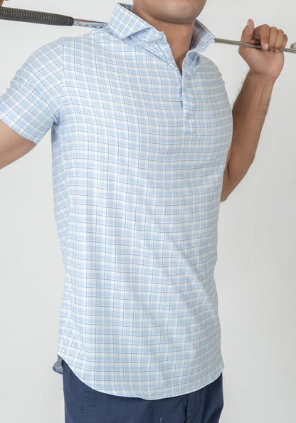 Wrinkle-Free Blue Super-Soft Tartan Performance Stretch Polo Shirt