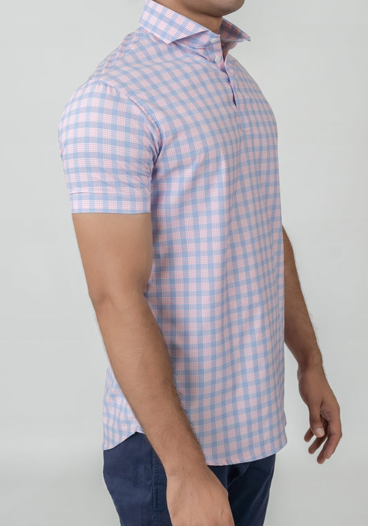 Wrinkle-Free Soft Pink and Blue Performance Ultra-Stretch Tartan Polo Shirt