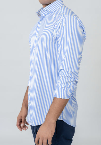 Sky Blue Four-Way Performance Stretch Bengal Stripes Shirt - Wrinkle Free