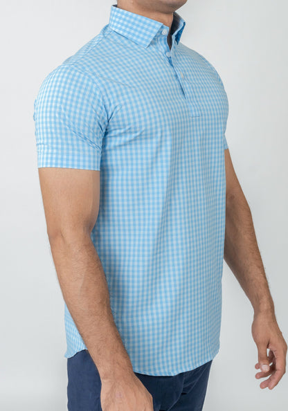 Wrinkle-Free Blue-Grey Stretch Gingham Polo Shirt