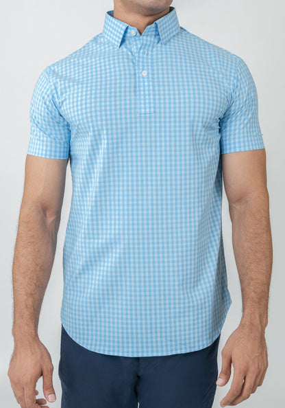 Wrinkle-Free Blue-Grey Stretch Gingham Polo Shirt