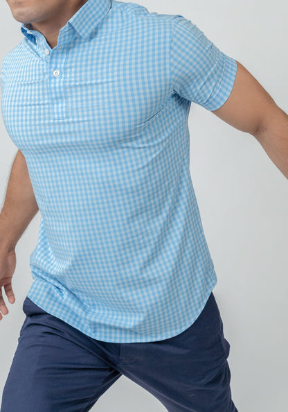 Wrinkle-Free Blue-Grey Stretch Gingham Polo Shirt