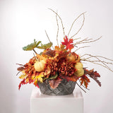 Elements of Fall - Green Cabbage Blossom, Mixed Orange Pumpkin, Brown Hydrangea Oak & Maple Leaf Large Centerpiece Arrangement