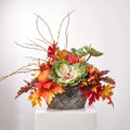 Elements of Fall - Green Cabbage Blossom, Mixed Orange Pumpkin, Brown Hydrangea Oak & Maple Leaf Large Centerpiece Arrangement