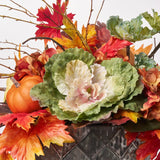 Elements of Fall - Green Cabbage Blossom, Mixed Orange Pumpkin, Brown Hydrangea Oak & Maple Leaf Large Centerpiece Arrangement